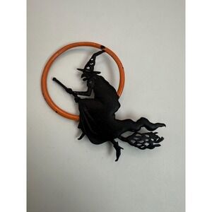 Vintage JJ Witch Halloween Brooch – Black Silhouette with Orange Moon Circle Pin